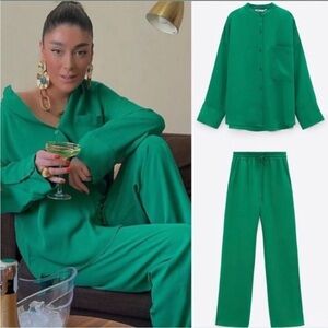 Zara Green Button-Up Shirt and Pants Set